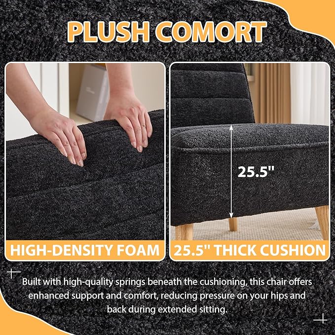 Armless Accent Chairs Set of 2 Single Sofa Chair Mini Cute Side Sofa with Sherpa Fabric Upholstered Cushion for Small Space Apartment Bedroom Living Room Black.