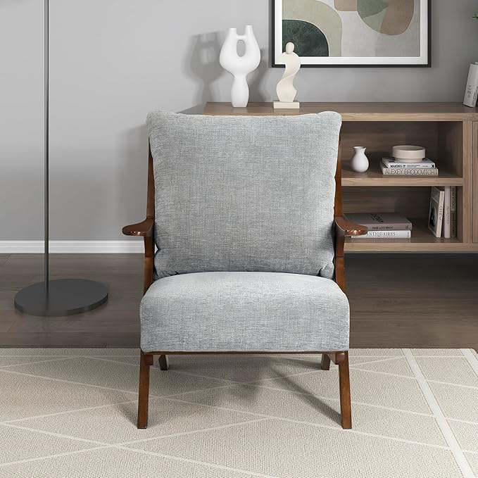 Lexicon Mid Century Modern Accent Chair Pascal Brown Solid Rubberwood Frame Reversible Back Cushion Woven Chenille Upholstered Reading Chair for Living Room/Bedroom/Office Grey