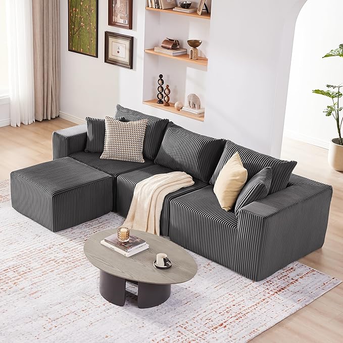 Cloud Couch Sectional Modular Sofa with Deep Seat Plush Corduroy U Shaped Boneless Couch Convertible Sectional Couches for Living Room (Darkgrey 3 Seater &amp 1 Ottoman)