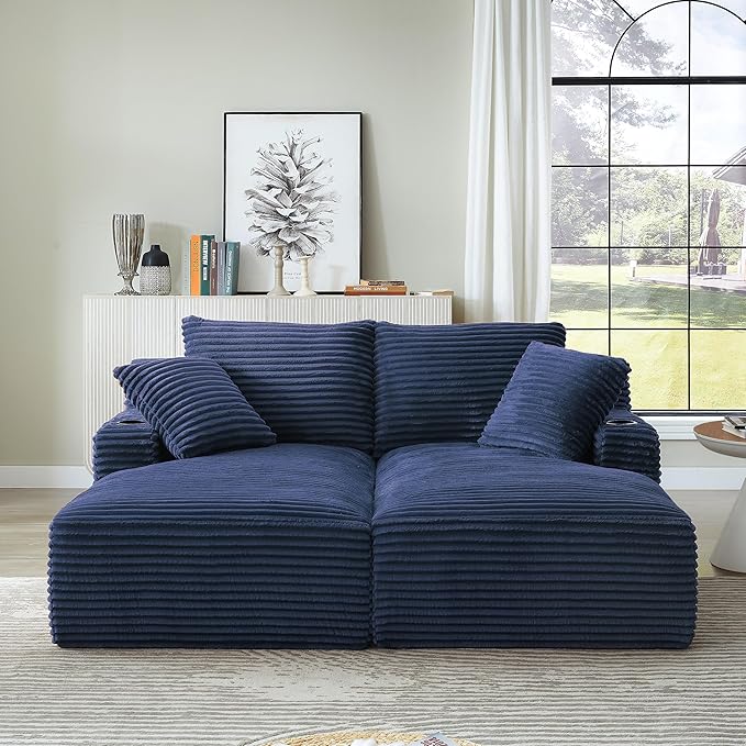 KEIKI Compressible Double Chaise Lounge with Cupholders Cozy Corduroy Sleeper Loveseat for Bedroom or Reading Nook Boneless Chaise Lounge Indoor with Supportive Spring Cushions No Assembly