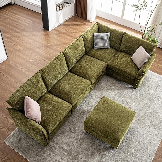 124.4 U Shaped Sectional Couches with Storage Ottoman 6 Seater Chenille Upholstered Modular Sectional Sofa Cloud Couch Sectional Sectional Couches for Living Room Bedroom &amp Apartment (Green)