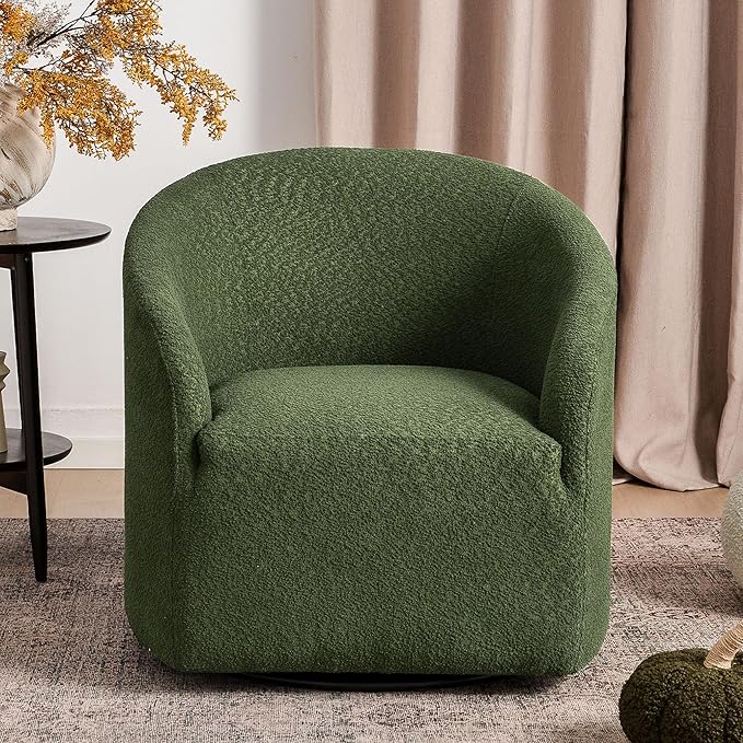 KINWELL 32 Wide Modern Boucle Swivel Barrel Chair No Assembly Round Upholstered Swivel Accent Armchair for Living Room Bedroom Office (Green)