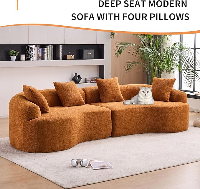 Modern Curved Boneless Sofa 110 Compression Modular Chenille High-Density Sponge Sectional Couch with 4 Seats No Assembly Required Lounge Sleeper Sofa for Living Room Apartment (Orange)