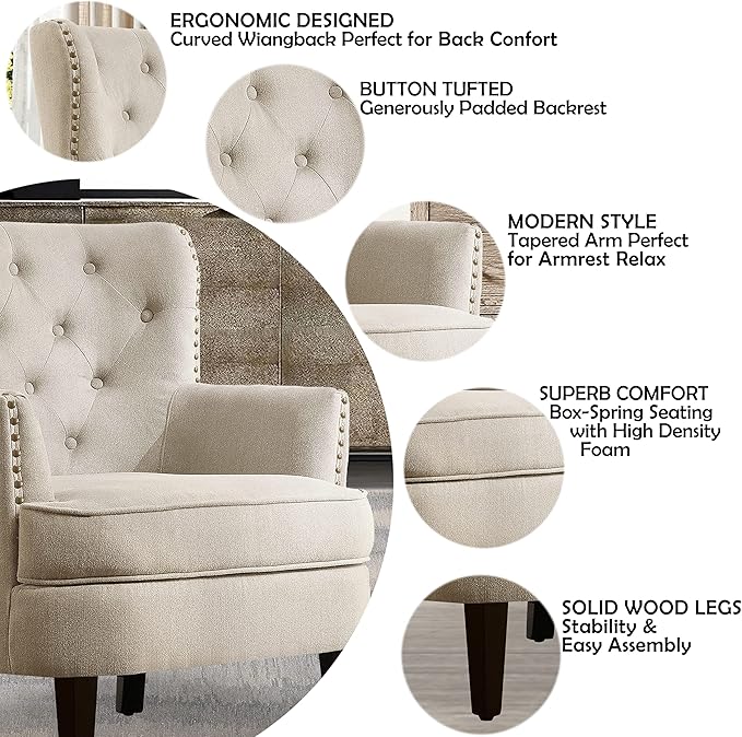 Rosevera Accent Chair and Ottoman Set - Button Tufted Armchair for Living ROM Bedroom Reading - Mid-Century Modern Lounge Chair Set - Beige