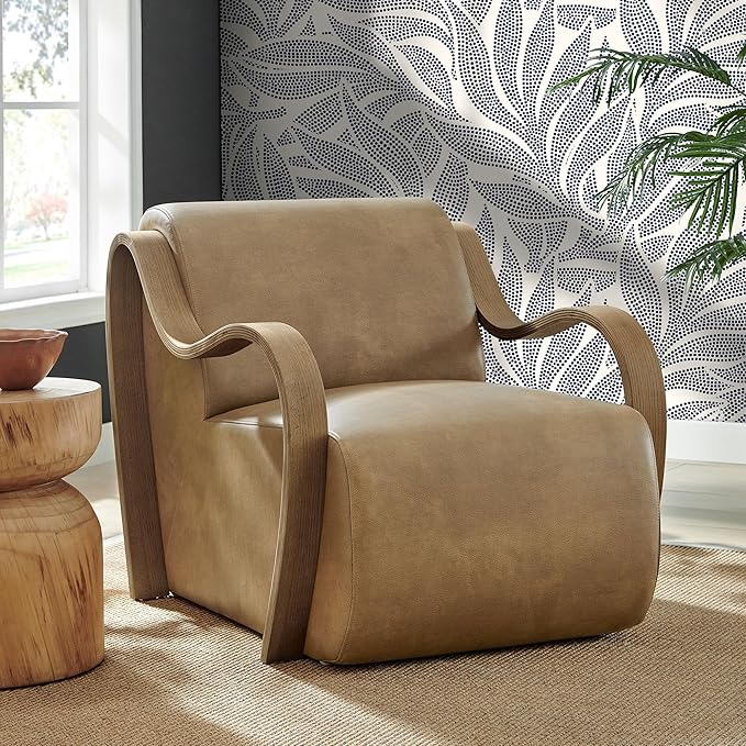 Modway Atrium Vegan Leather Upholstered Lounge Chair in Toast with Sculptural Bentwood Arms – Mid-Century Modern Accent Armchair for Living Room or Bedroom