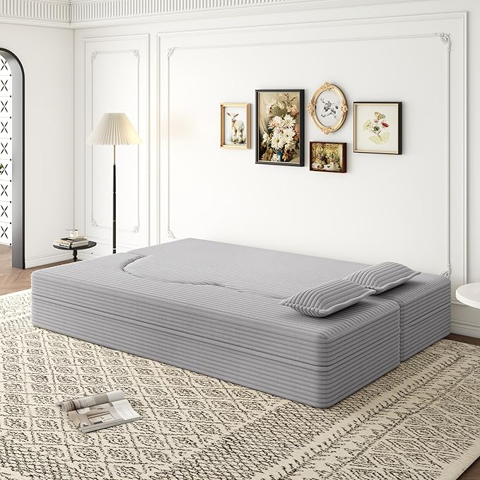 78 Folding Floor Sofa Bed Queen Full Size Folding Mattress Boneless Couch for Living Room 15 Seat Height Convertible Teddy Fabric Foam-Filled Loveseat Sleeper Sofa Bed