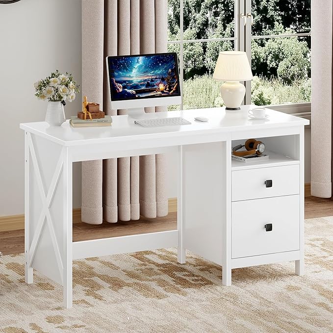 BHG Farmhouse 47 Executive DeskModern White Computer Desk with Storage Drawers for Home Office Makeup Vanity Desk Dressing Table for BedroomFiling Cabinet Writing Table PC Desks for Study