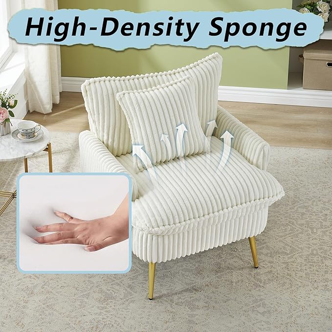 30 Beige Accent Chair Corduroy Accent Armchair with Soft Pillow &amp Gold Legs Comfy Upholstered Arm Chairs for Samll Space Living Room Bedroom 300 LBS Capacity (Beige)