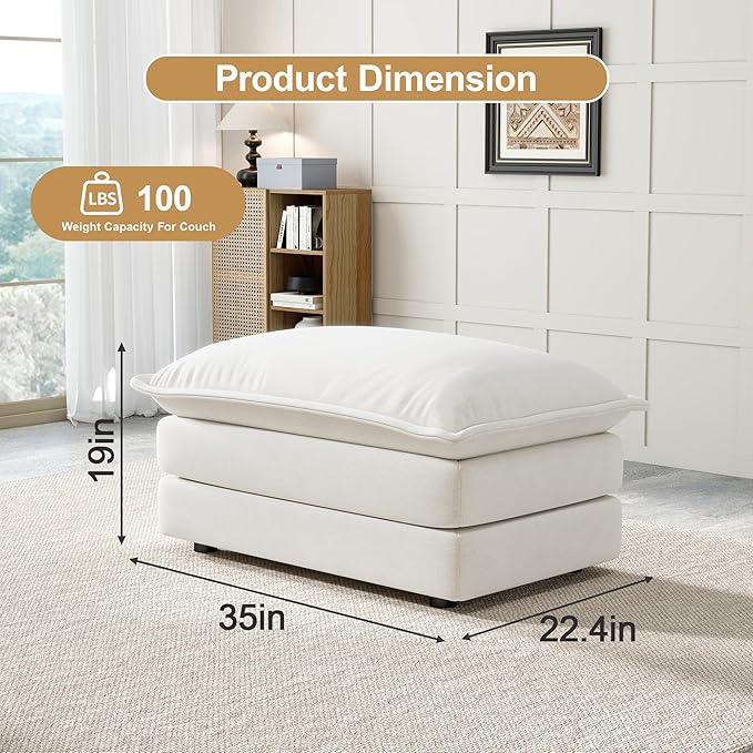 Soft Chenille Ottoman Footrest for Sectional Sofa - Comfortable Upholstered Seat Cushion White