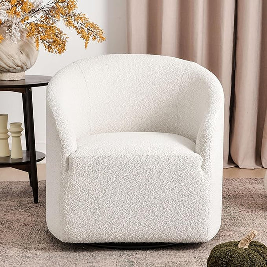 KINWELL 32 Wide Modern Boucle Swivel Barrel Chair No Assembly Round Upholstered Swivel Accent Armchair for Living Room Bedroom Office (White)