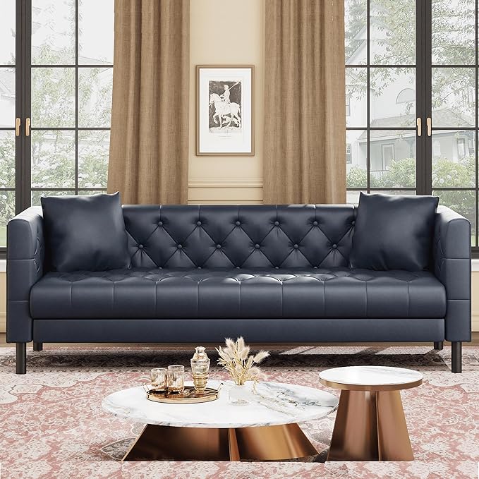 Garvee 81 Inch Leather Couch for Living Room Modern Leather Sofa with Deep Seat Handmade Button Tufted 3 Seater Sofa Chesterfield Couch for Apartment Office Black Blue