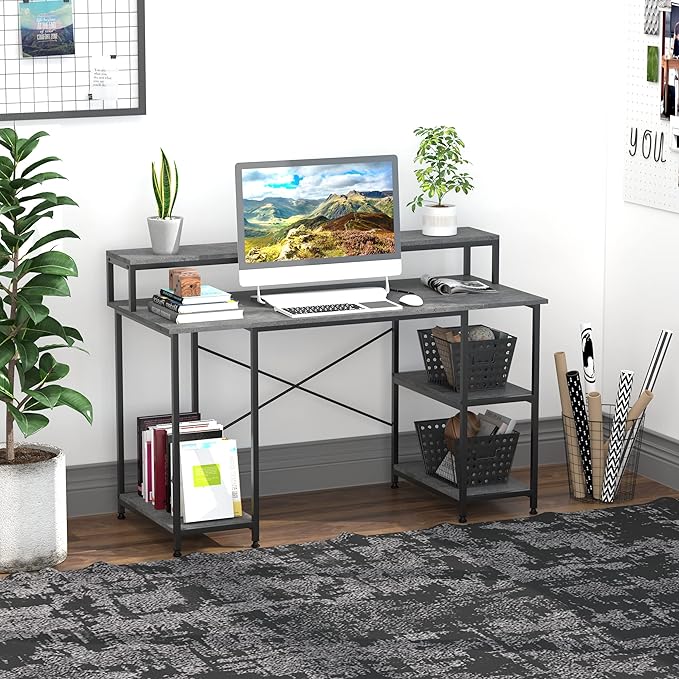55 Inch Home Office Computer Desk Study Writing Workstation with Storage Shelves Elevated Monitor Shelf CPU Stand X Shaped Construction Grey Wood Grain