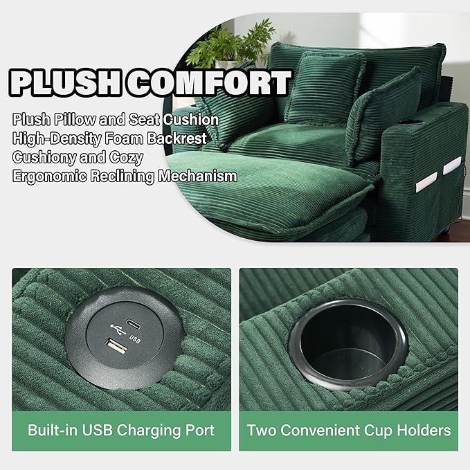 Corduroy Oversized Chair with Seat Pad - 44 Wide King Comfortable Chair and Seat Cushion Set Modern Single Sofa Armrest with USB Port and Cup Holder Living Room Cloud Lounger (Green)