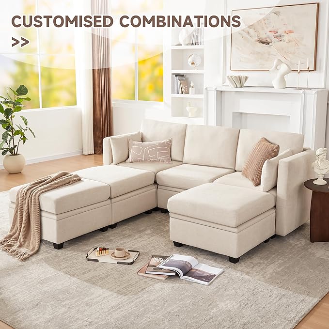 Modular Sectional Sleeper Sofa Bed 6 Seat Couch With Storage for Living Room Reversible Chaise Beige