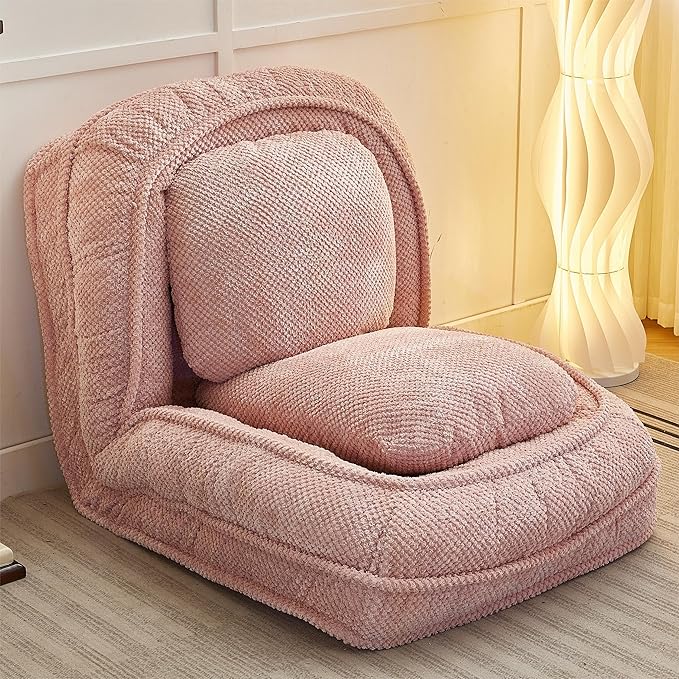 KEIKI Foldable Tatami Lazy Sofa Couch Bed with 5 Adjustable Position Space Saving Design Human Dog Bed with Cushion Back Easy Assembly for Apartment Living Room Bedroom Pink