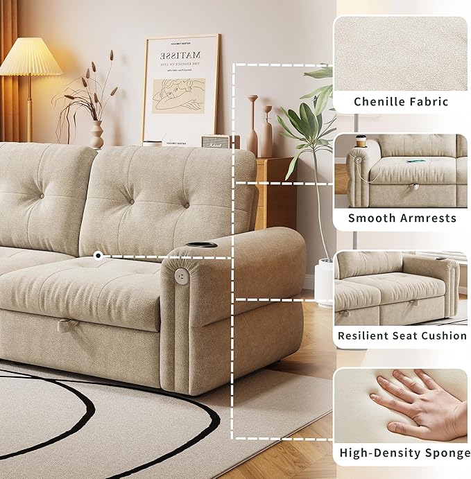80.4 Convertible Sofa Bed with Cup Holders and Adjustable Backres Chenille Loveseat Sleeper Sofa with Pull Out Bed and USB Charging 3 in 1 Multi-Functional Couches (Beige 80.4-inch)