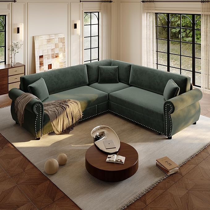88.2 Sleeper Sofa Bed Sectional Couches for Living Room/Apartment Chenille L Shaped Couch with Pull Out Couch Bed Convertible Sectional Sofa with Rolled Arm &amp Nailhead Trim Green