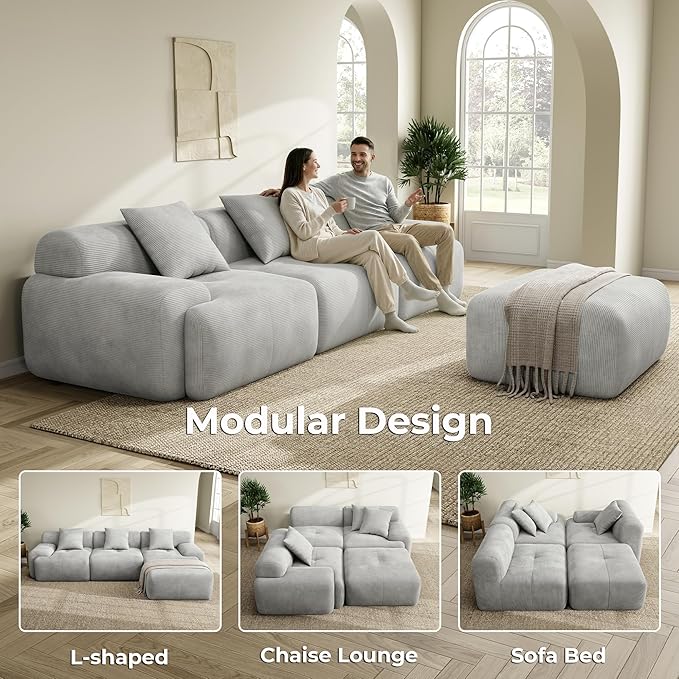 LIKIMIO 118 Modular Sectional Sofa with Ottoman L-Shaped Boneless Couch with Deep Seat for Living Room Corduroy Upholstery No Assembly Required Light Grey