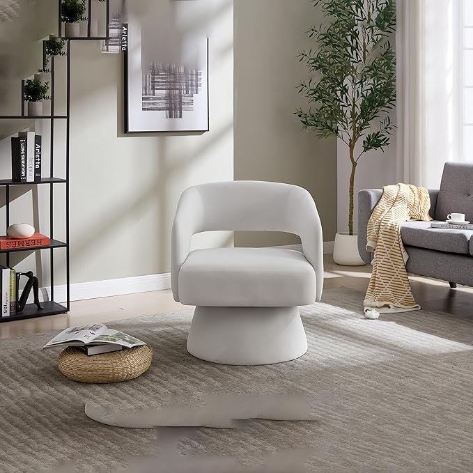 360 Degree Velvet Swivel Barrel Chair Modern Round Accent Armchair Open Back Foam Cushions Metal Swivel Base for Living Room Bedroom Office (Beige)
