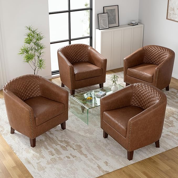 UIXE Faux Leather Barrel Accent Chairs Set of 4 Modern Club Upholstered Arm Chair Comfy Armchair Nailed Trim Living Room Single Sofa Reading Seat Bedroom Side Sitting for Office Brown