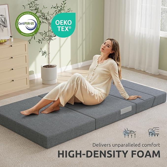 Youzi Foldable Sofa Bed Twin Sleeper Sofa Bed Couch for Guests 6 Inches Four-fold Foam Folding Chair for Home and Livingroom Washable Cover Dark Gray 75 x 39 x 6