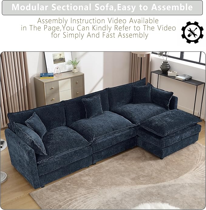 Setawix Deep 3 Seater Couch with Ottoman112.2 L-Shaped Cloud Couches for Living RoomChenille Cloud Sofa Couch with Deep SeatModular Sectional L Shape 3 Seat Sofa for Bedroom. (Blue 3+1)