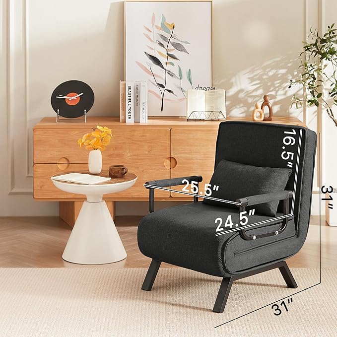 Sleep Chair Bed Comfy Convertible Sleeper Chairs for Adults 5 in 1 Folding Sofa Bed with 5 Position Adjustable Backrest Pillow Cozy Small Chair Couch for Small Spaces Office (Black)