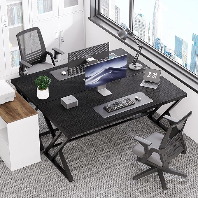 LVB Black Computer Desk Modern Gaming PC Writing Desk for Home Office Metal Computer Study Work Table for Bedroom Industrial Executive Student Simple Workstation Desk 55 in Black Oak