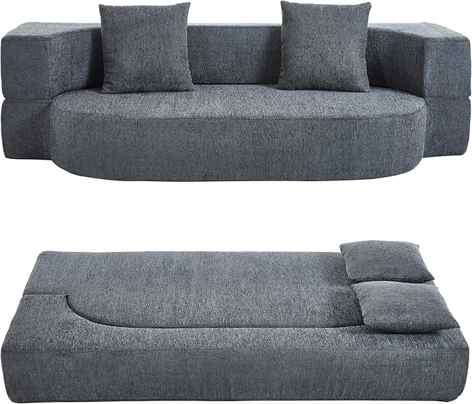 Folding Sofa Bed Convertible Futon Sleeper Bed 2-in-1 Foldable Floor Mattress with 2 Pillows Breathable High-Density Foam Lazy Couch Twin Size Comfy Lounge Chair Dark Gray