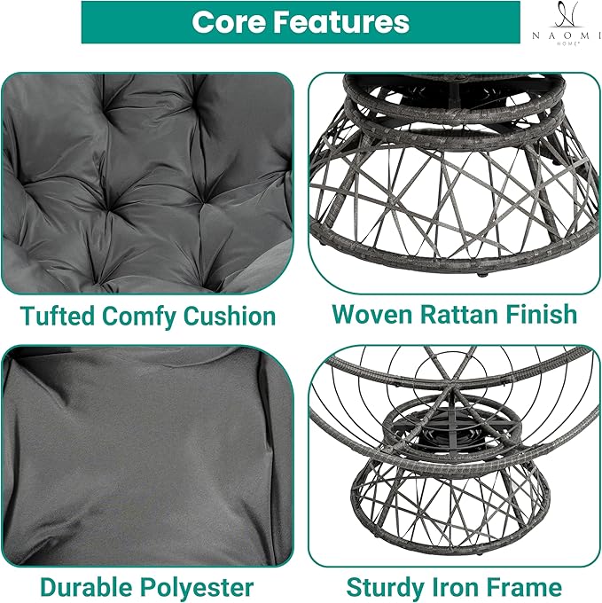 Naomi Home 40” Papasan Chair Indoor with Cushion and Frame – Round Wicker Papasan Chair with Thick Tufted Cushion Sturdy Metal Base Large Reading Chair for Bedroom &amp Living Room Dark Gray