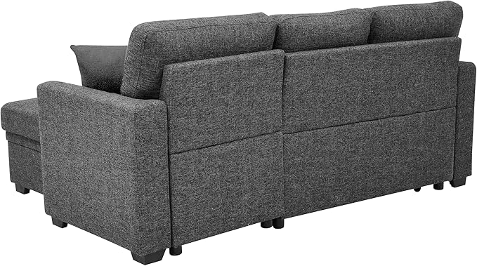 76 Linen Blend Convertible Sofa with Pull-Out Bed Stylish Sleeper Couch with Hidden Storage Space 3-Seater Couch with 2 Soft Pillows for Living Rooms Charcoal Black