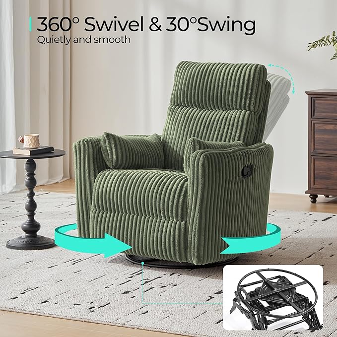 LINSY 360 Swivel Recliner Chair Nursery Glider Rocking Chair with 2 Pillows Corduroy Nursing Chair Comfy High Back Adult Rocker Recliner for Small Spaces Nursery Bedroom Living Room (Green)