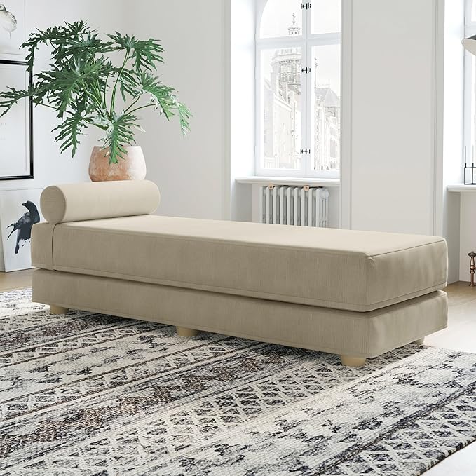 Jaxx Alon Daybed - Fold-Out Sleeper Chaise with Premium Memory Foam Queen-Size Mattress - Made in The USA - Ivory