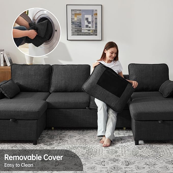 DURASPACE Sofa Bed Pull Out Couch Sleeper with Double Storage Chaise U Shaped Convertible Sectional Sleeper Sofa for Living Room with USB Charging Ports Cup Holder (Dark Gray)