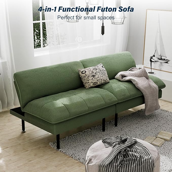 70 Futon Sofa Bed 4 in 1 Multi-Function Couch Sleeper with Adjustable Backrest Modern Convertible Futon Recliner Small Loveseat for Living Room Dorm Green