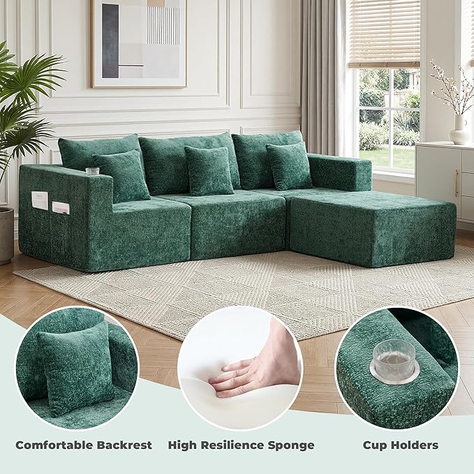 WELAX 104 Modular Sectional Couches for Living Room Boneless Couch L-Shape with Cup Holders &amp Pillows Modern Chenille Cloud Sofa 4 Seater Home Comfy Sofas for Bedroom Green