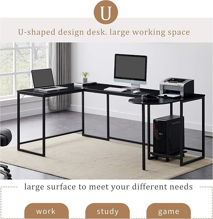 Generic U Shaped Computer Desk Industrial Corner Writing Desk with CPU Stand Gaming Table Workstation Desk for Home Office (Black) (Old SKU: WF198675AAB)