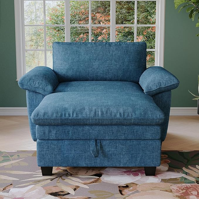 Oversized Chair with Ottoman Cloud Chenille Fabric Comfy Chaise Lounge Sofa Accent Arm Single Chair Indoor with Padded Armrest for Living Room Bedroom Office Storage Ottoman Blue
