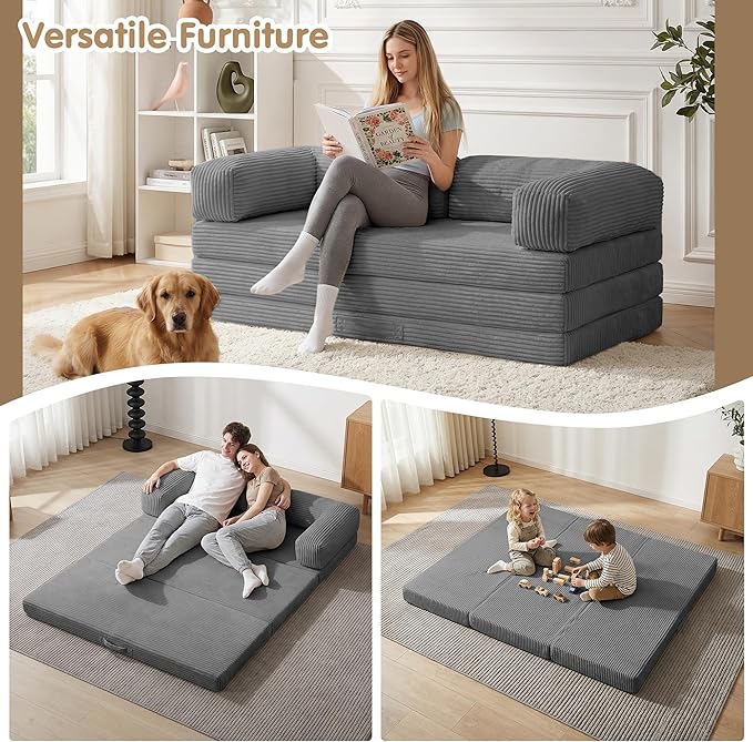 5-in-1 Convertible Sofa Bed76 Boneless Couch Tri Folding Floor Mattress with Removable L-Shaped Armrests &amp HandleCorduroy Futon Couch Sleeper with Pull Out Bed for Living Room Bedroom Apartment