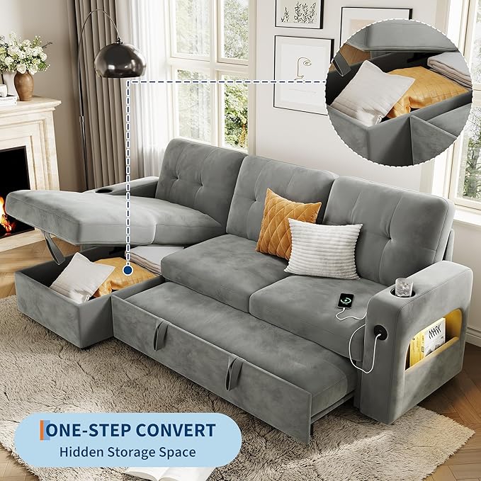 GarveeHome 84 Inch Sleeper Sofa Couch L-Shaped Sofa Convertible Pull Out Sofa Bed with Storage Charging Station Led Lights Modern Sectional Sofa for Living Room Apartment Velvet Light Grey
