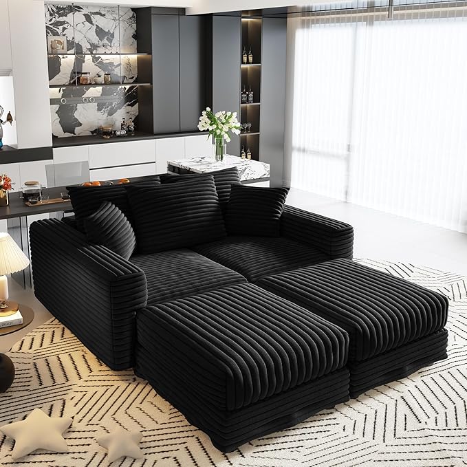 102.4'' Oversized Corduroy Couch Modular Sectional Sofa with 2 Ottomans Upholstered 4 Deep Seat U Shape Sofa Convertible Cloud Couches with Chaise Lounge for Living Room Apartment Black