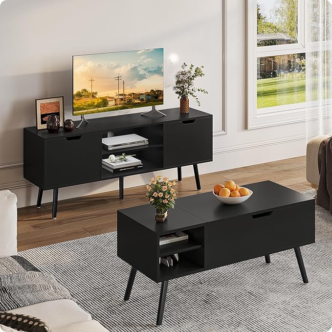 ALINE FURNITURE Black TV Stand for 50 55 60+ inch TVs - Media Console with 2 Cabinets &amp Open Shelves Solid Wood Legs - TV Consoles for Living Room - 22 H Entertainment Center for Bedroom