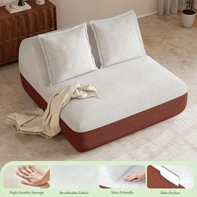 Hobestluk Small Couches for Small Spaces42” Mini Loveseat Sofa 2-Seater Armless Sofa Chair with Side Pocket for Living RoomBedroomDormOffice (Terracotta+Beige)
