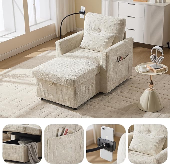 Multifunctional Recliner Sofa Chair with Storage Phone Holder &amp Adjustable Backrest Chenille Fabric Single Leisure Chair for Living Room Bedroom Small Spaces (Beige)