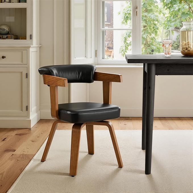 Art Leon Home Office Desk Chair - Mid Century Modern Chair Faux Leather Office Chair No Wheels Comfy Accent Arm Chair with Wood Legs for Small Spaces Living Room Bedroom Study Black/Walnut