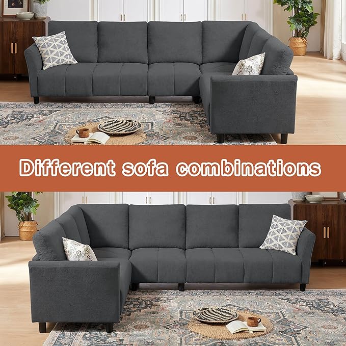 Modular Sectional Sofa Couch Modern Linen L Shaped Couch Chaises 6-Seater Convertible Sofa for Living Room Apartment Dark Grey