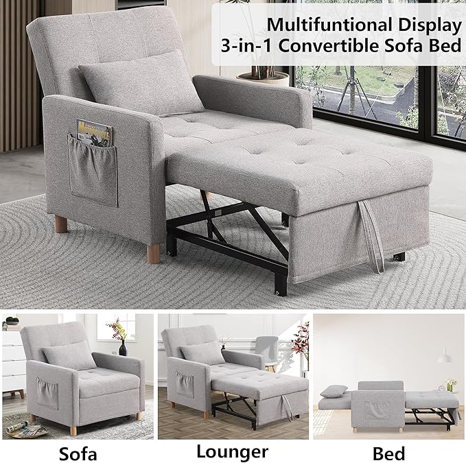 Sleeper Sofa Chair Bed 3-in-1 Single Convertible ChairMulti-Functional Sleeper Chair with Soft Fabric for Living Room Dorm Apartment Bedroom or Office (Grey)