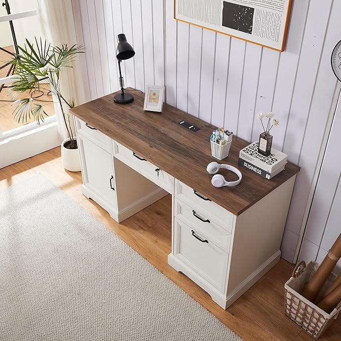 60 Farmhouse Executive Desk with LockHome Office Desk with Charging StationExecutive Desk with 4 Drawers &amp 1 Cabinet&amp1 File Cabinet for Office and Home