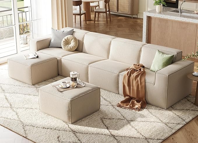 LINSY HOME Modular Sectional Sofa 134 Boneless Couch U Shaped 4-Seat Sofa with 2 Movable Ottomans Corduroy Sectional Cloud Couches for Living Room No Assembly Required Beige