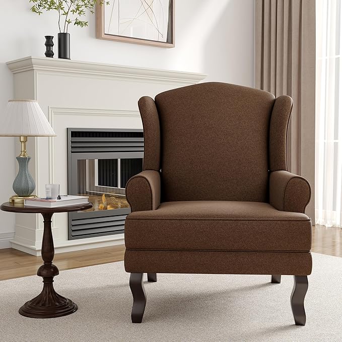 High Back Accent Chairs Set of 2 Upholstered Fabric Armchair for Living Room Mid Century Modern Club Accent Chair with Curved Armrests and Solid Legs Single Sofa Reading Chair for Bedroom Brown